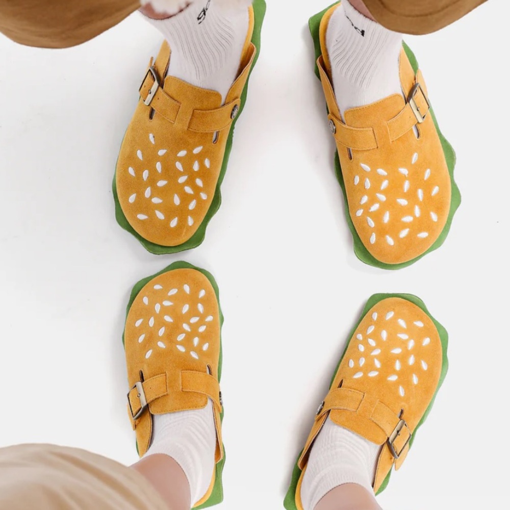 Hello Slippers/BBIMP "Burgerstocks" hamburger-style suede clogs, Size 6/6.5 New!